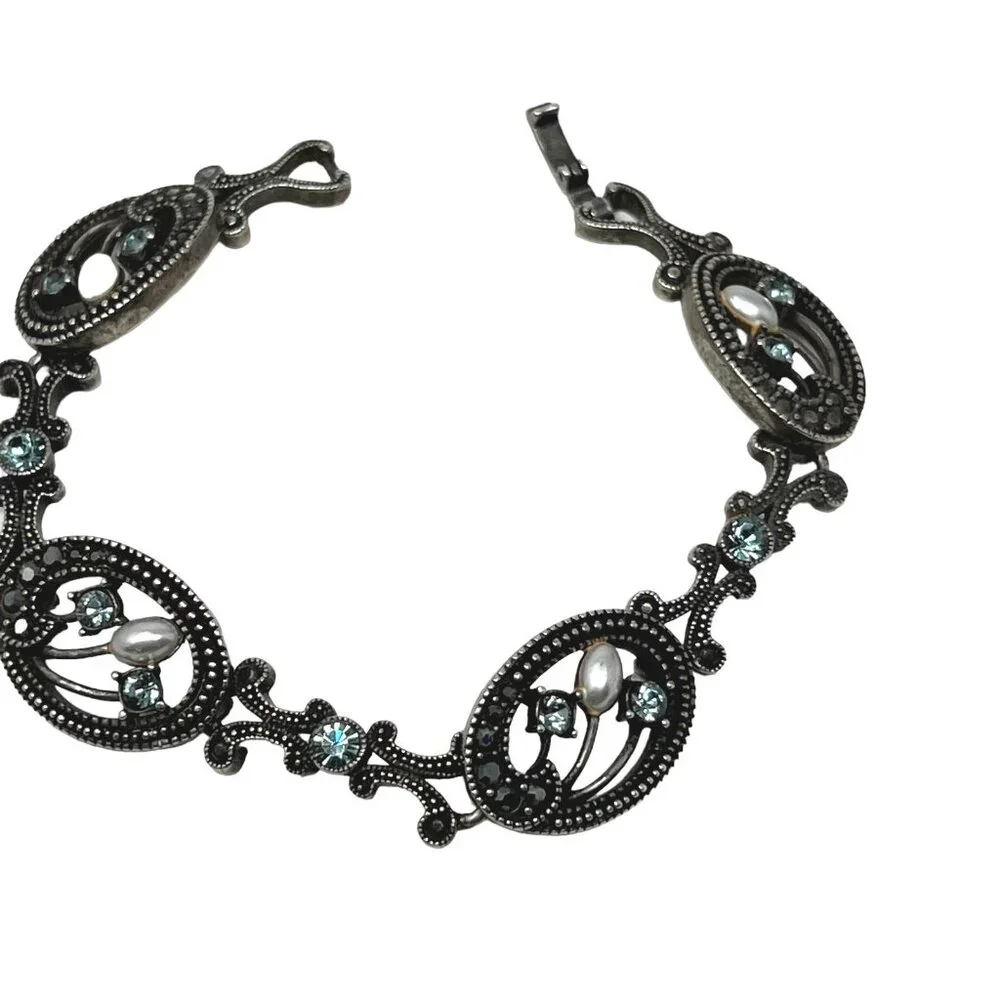 Crystal and‎ Faux Pearl Bracelet Blue Stones Silver Tone Dark Finish